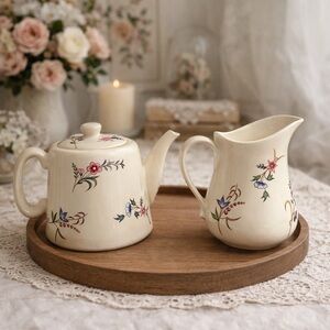 BIA Cordon Bleu France Floral Porcelain Ceramic‎ Pitcher & Tea Kettle Set